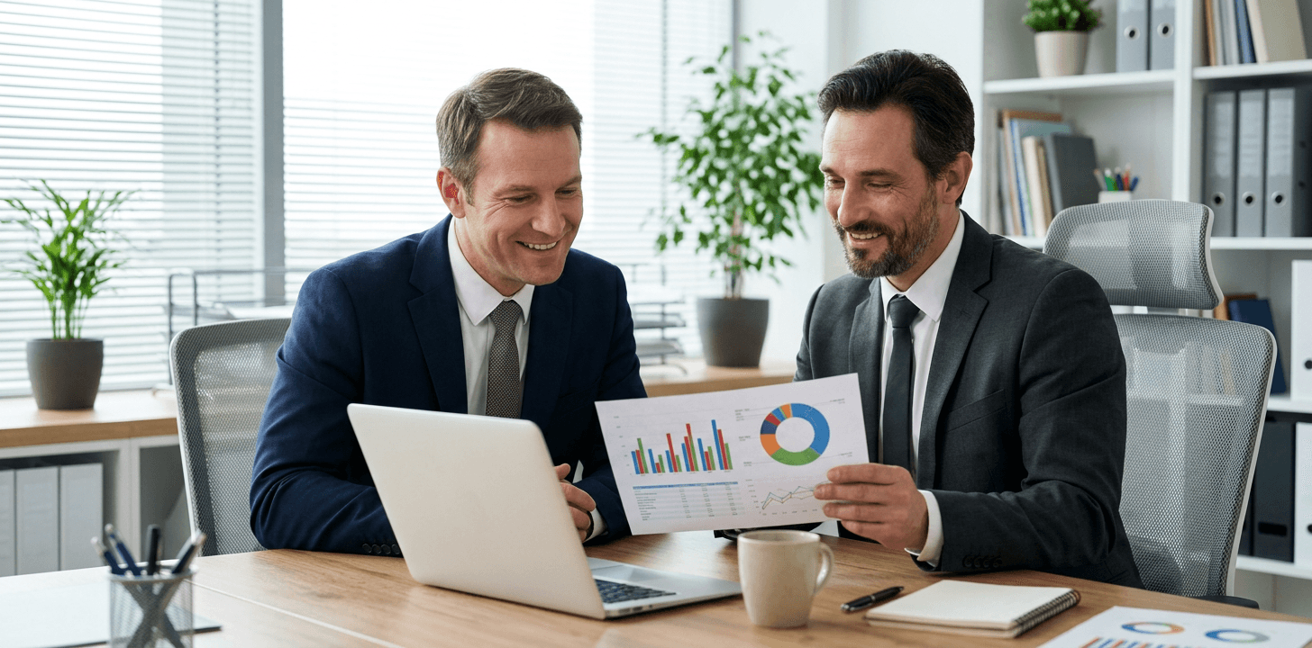 Zwei Geschäftsleute besprechen im Büro eine Finanzierung anhand von Diagrammen