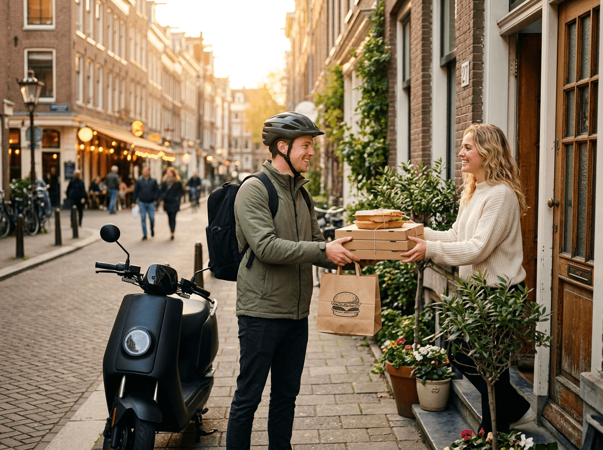 Lieferfahrer auf einem Roller übergibt Pizzakartons und eine Burger-Tüte an einen lächelnden Kunden an der Haustür