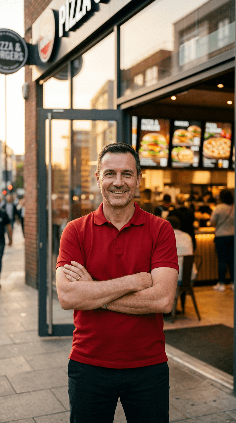 Franchise-Partner in rotem Poloshirt steht mit verschränkten Armen vor seiner Filiale