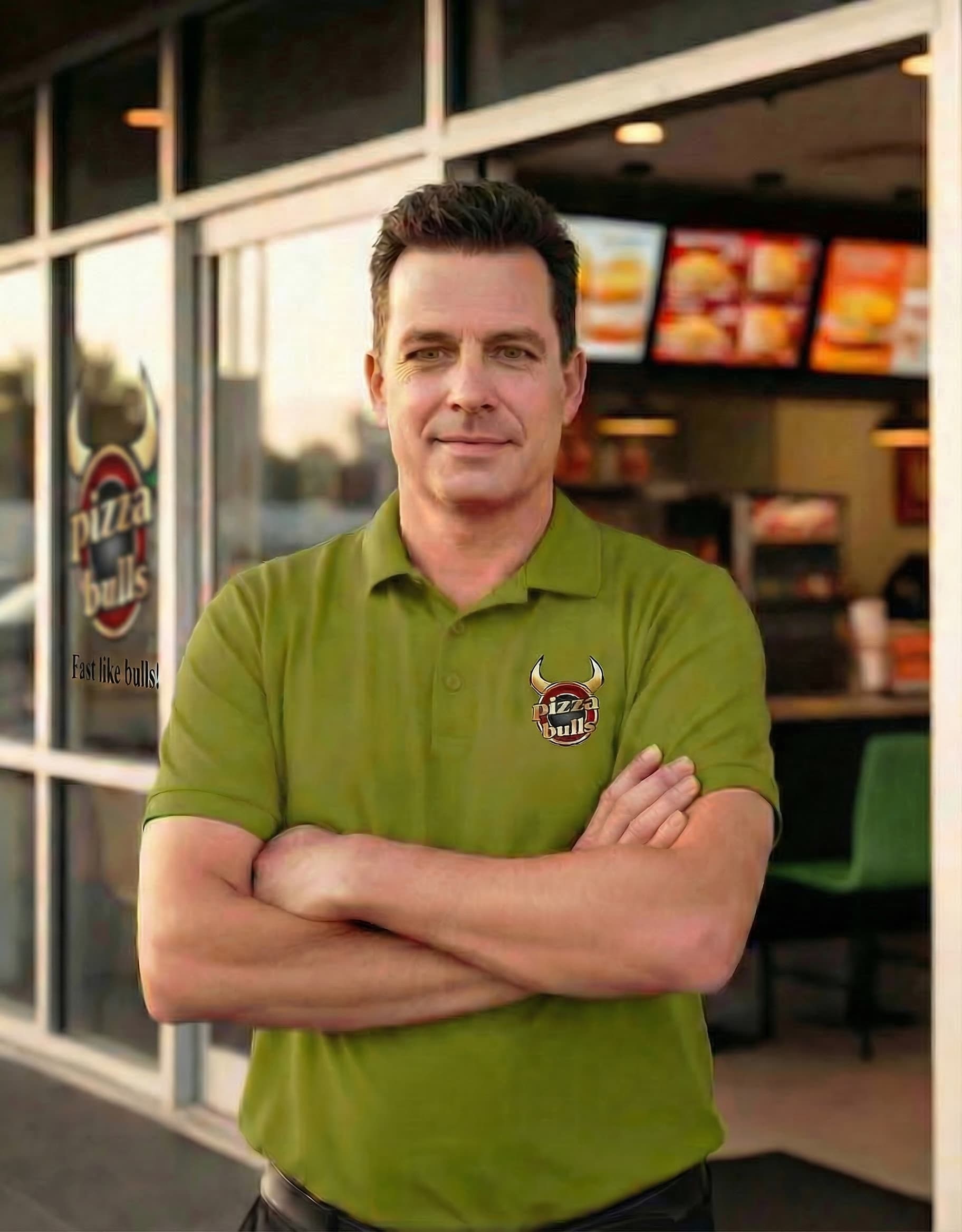 Franchise Partner im grünen Pizza Bulls Poloshirt vor einer Filiale
