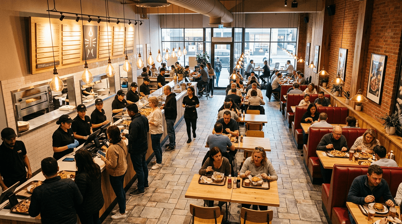 Gäste sitzen in den roten Sitznischen eines Pizza & Burger Bulls Restaurants