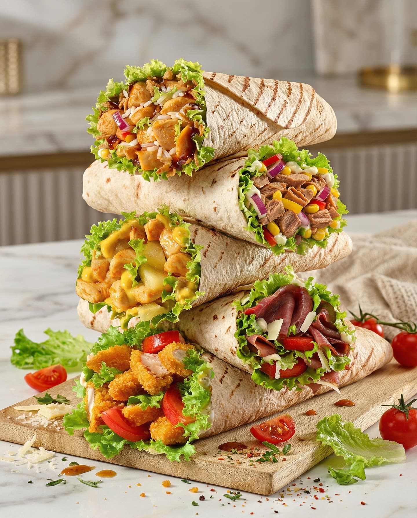 Gestapelte gegrillte Wraps mit Hähnchen, Rindfleisch und Salat