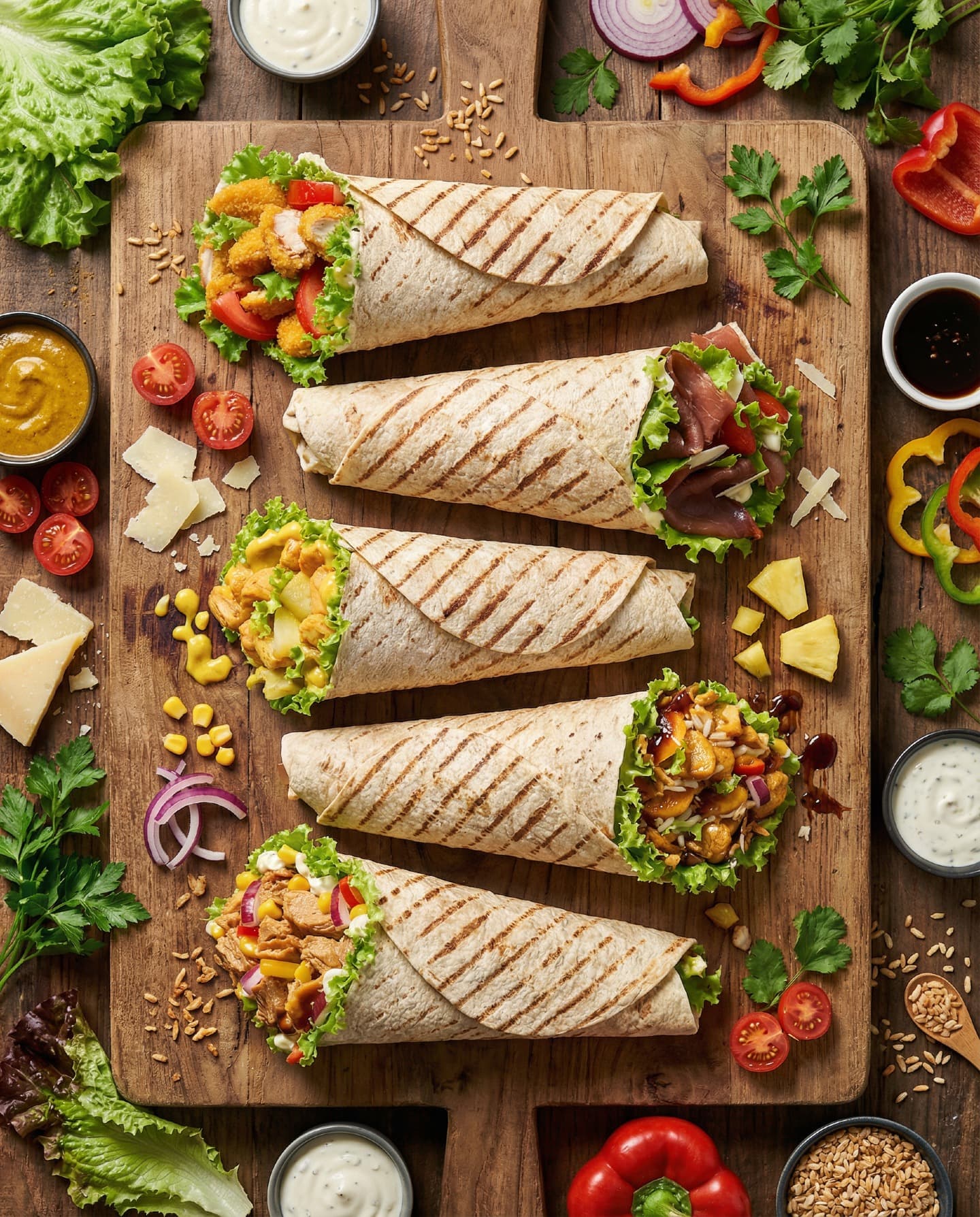 Fünf gegrillte Wraps auf einem Holzbrett mit frischen Zutaten